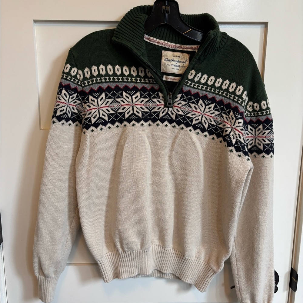 Weatherproof Men's Zip-Up Sweater - Forest Green and Cream